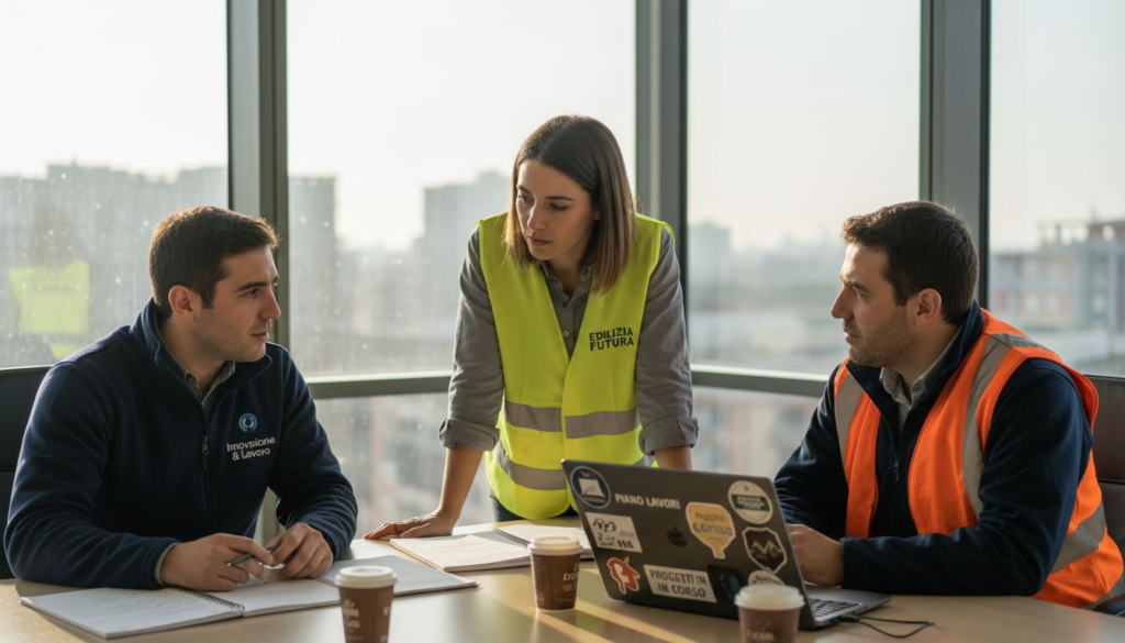 Riunione di team con tutti i collaboratori vestiti con abbigliamento aziendale personalizzato.