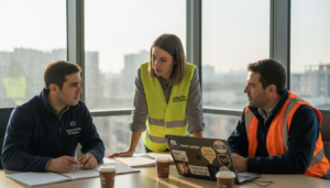 Riunione di team con tutti i collaboratori vestiti con abbigliamento aziendale personalizzato.